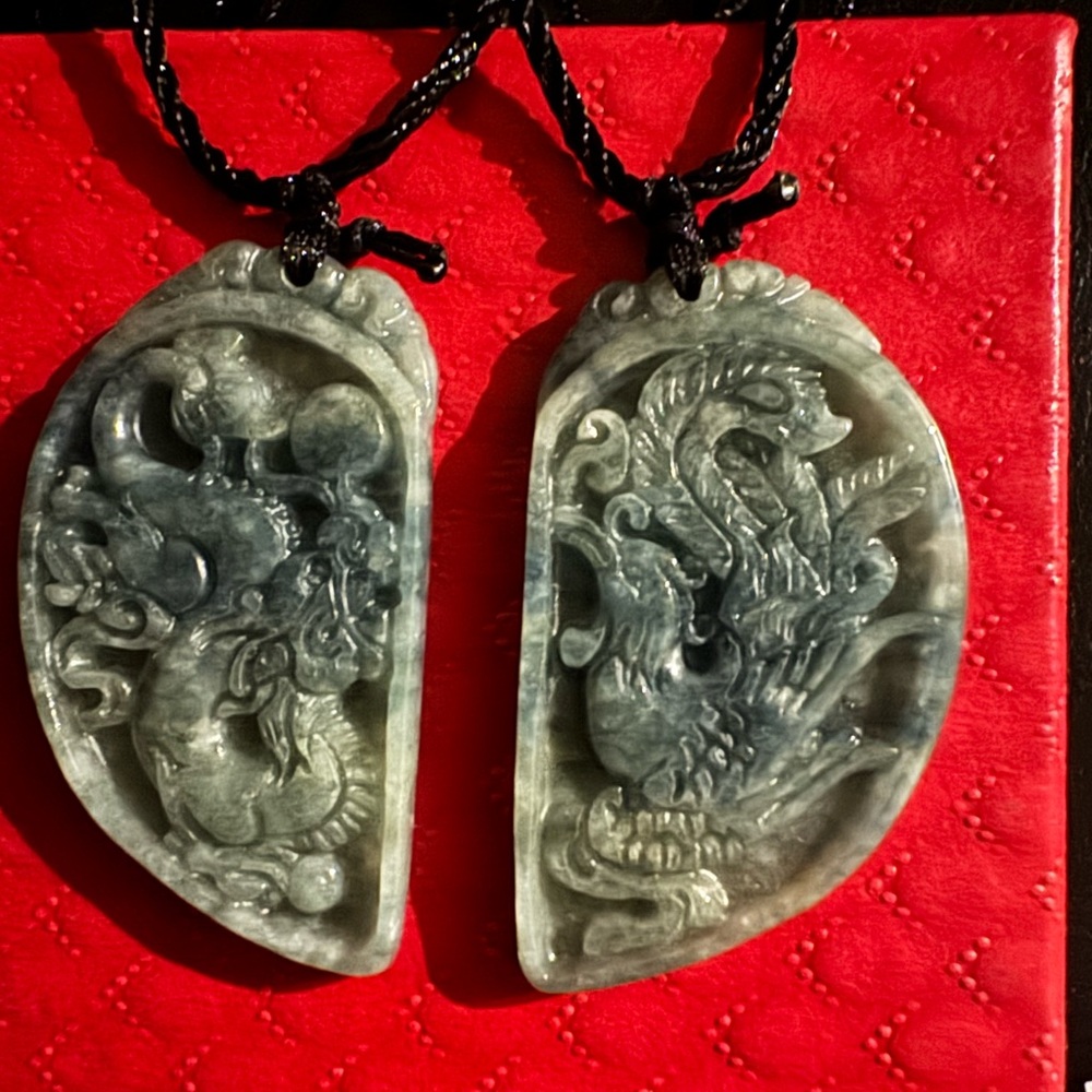 Certified genuine Burma  jadeite pair of heart dragon pendant